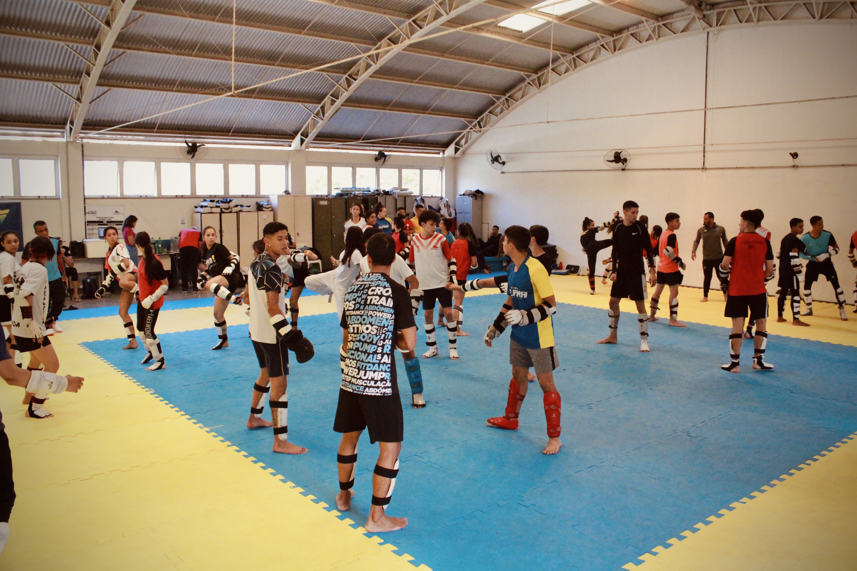 Turma de Taekwondo do CTE/UFMG em treino no dojang, com atletas em posição de guarda no tatame azul e amarelo.